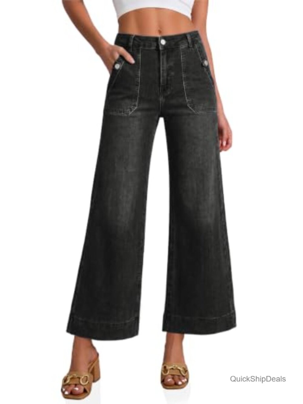 High Rise Wide Leg Flare Cropped Baggy Jeans Stretchy Denim Pants